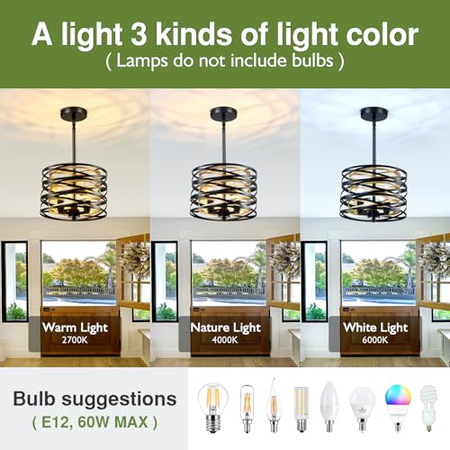 Image of 3- Light Chandeliers Industrial Metal Hanging Light Fixture 11 Inch Farmhouse Chandeliers for Dining Room Black and Gold Pendant Light for Entryway Kitchen Foyer Bedroom
