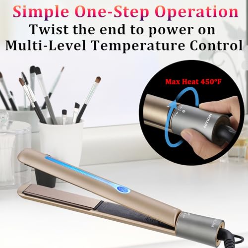 Image of NITION Ceramic Tourmaline Hair Straighteners LCD Flat Iron MCH 10s Fast Heating Up. 1 inch 3D Floating Plate Healthy Smooth Home Straightening Tools. Travel Pouch. Dual Voltage. Elegant Gift Box