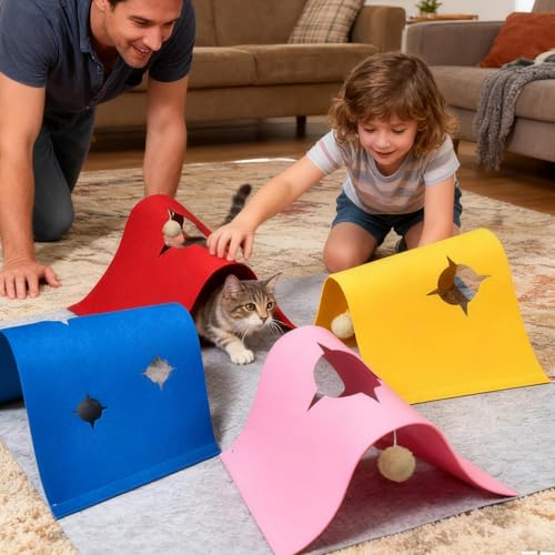 猫プレイマット - 4-in-1 トンネル子猫、折りたたみ式インタラクティブラグ、ペットアクティビティプレイマット、栄養補給運動おもちゃ、屋内屋外退屈軽減、旅行に優しい楽しみ、リビングルーム寝室ペットエンターテイメント