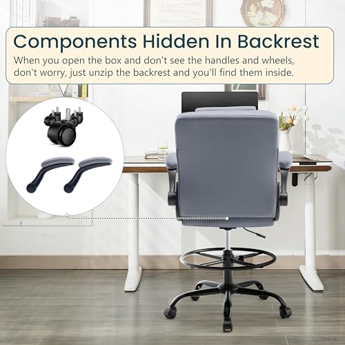 Image of Drafting Chair 500Lbs, Tall Office Chair for Standing Desk, High PU Leather Executive Office Chair with Flip-up Armrests, Ergonomic High Chair with Adjustable Foot Ring, Comfy Stool Chairs, Grey