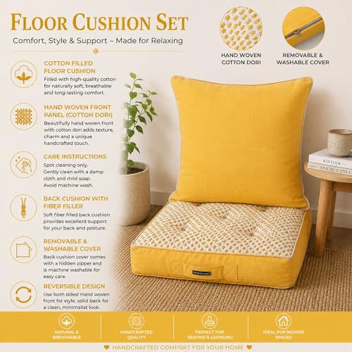 Image of Yellow Woven Quilted Floor Cushion Set 60x60x10 CM with Fillers & Back Cushion, Large Size for Seating, Patio Seat, Meditation, Yoga, Pooja, Guests, Living 24x24x4 Inch