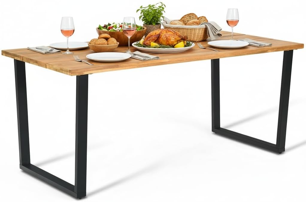 Tangkula 69-Inch Acacia Wood Patio Dining Table for 6, Rectangle Outdoor Table with 2" Umbrella Hole & Metal Legs, 6-Person Indoor Outdoor Table for Dining Room, Backyard, Garden, Lawn, Yard