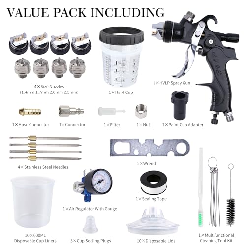 Image of HVLP Spray Gun with 10Pcs 600ML Disposable Paint Cups, 4 Nozzles,1.4 /1.7 /2.0 /2.5mm, Automotive Gravity Feed Paint Spray Gun Kit with Air Compressor Regulator for Auto (Black)