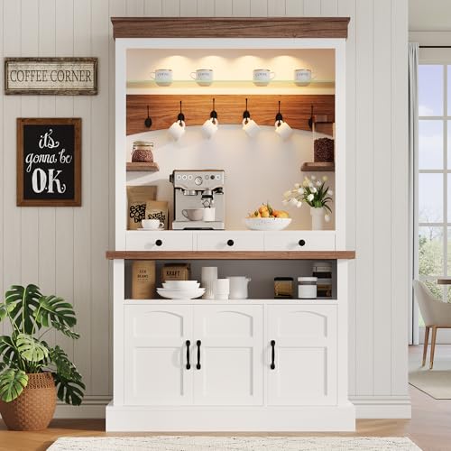 Coffee Bar Cabinet with LED Light, 72" Tall Farmhouse Coffee Bar Hutch with Storage, Sideboard Buffet Cabinet with Microwave Stand/Glass Shelf/6 Hooks/3 Drawers for Kitchen Living Dining Room, White