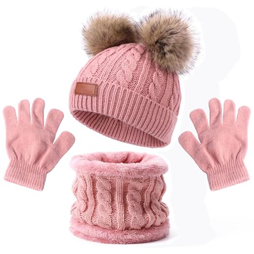 3 PCS Kids Winter Warm Beanie Hat Scarf Gloves Set, Thermal Knit Crochet Thick Fluffy Toddler Scarf Double Pom Pom Bobble Hat with Faux Fur for Girls Boys Children Toddler Aged 3-8 years old (Pink)