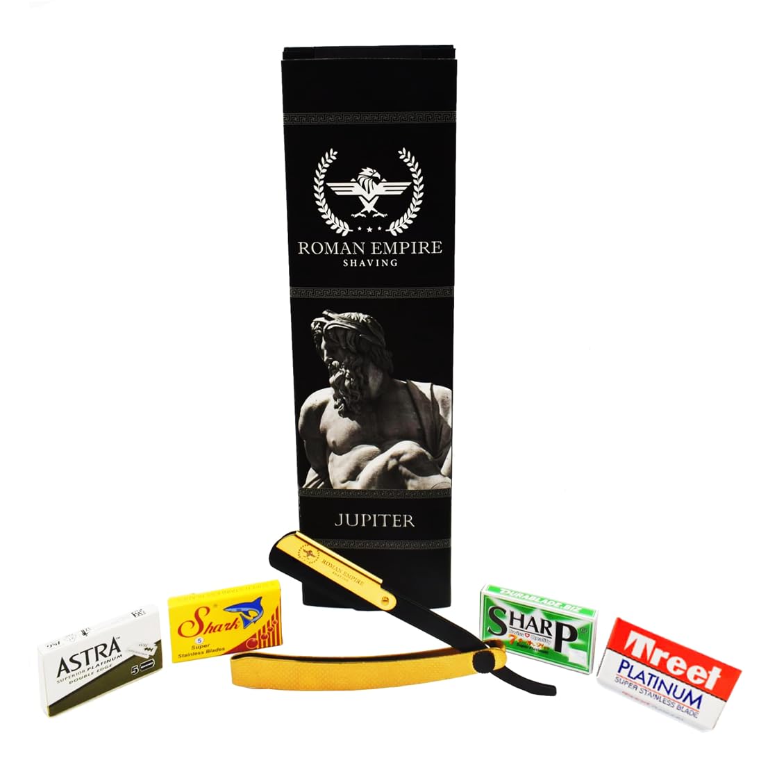 ROMAN EMPIRE SHAVING Jupiter New Straight Razor for Professional Barber with 20 Blades Sampler Astra-Sharp-Shark-Treet