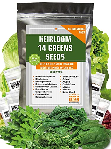 14 Varieties Heirloom Non-GMO Lettuce and Greens Seeds Pack for Outdoor and Indoor Gardening & Hydroponics, 6380 Seeds - Spinach, Bibb, Iceberg, Butter, Oakleaf, Black Seeded Simpson, Romaine & More