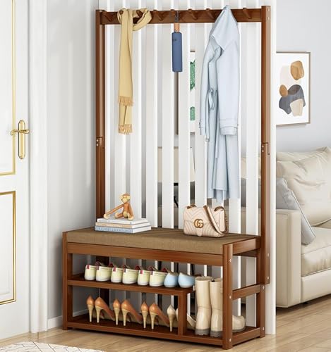 Perchero con ganchos extraíbles, árbol de pasillo y banco de almacenamiento de zapatos para pasillo, oficina y sala de estar, organizador elegante y funcional