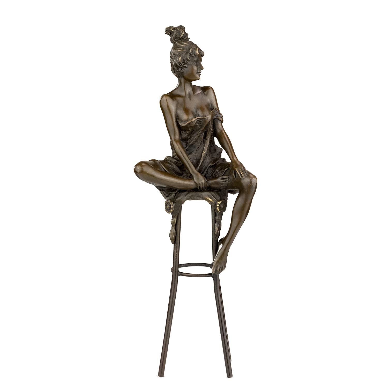 Moritz Bronze Frau auf Barhocker Knie angezogen 25,5 cm Akt Skulptur Deko | Massive Handarbeit, sitzende Dame mit Hochsteckfrisur und angewinkeltem Bein, Frauenfigur, Wohndeko und Geschenk