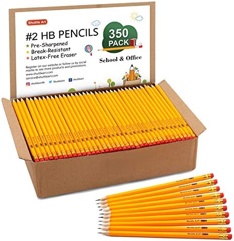 Shuttle Art Wood-Cased #2 HB Pencils, 350 Pack Sharpened Yellow Pencils with Erasers, Bulk Pack Graphite Pencils for School and Teacher Supplies, Writhing, Drawing and Sketching