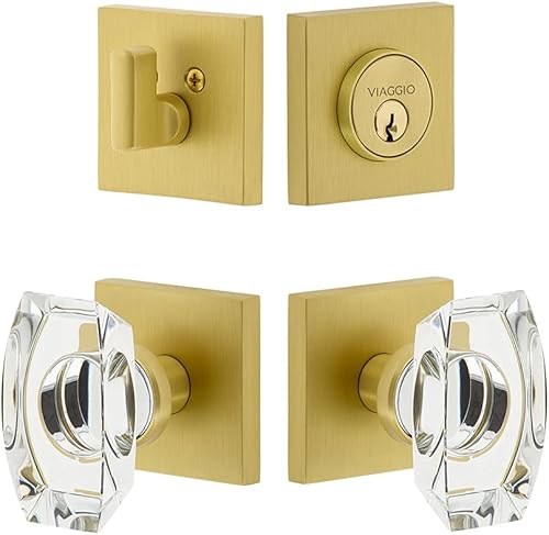 Viaggio 628695 Quadrato Rosette 6-3/8 "Backset con perilla de cristal Stella y cerrojo a juego en latón satinado juego de entrada