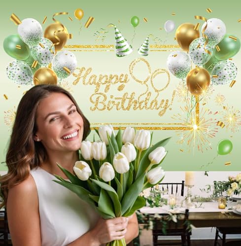 Image of Green Happy Birthday Banner Birthday Backdrop for Girls Women 71 x 43 Inch Greenery Gold Party Photograph Backdrop Decoration Supplies