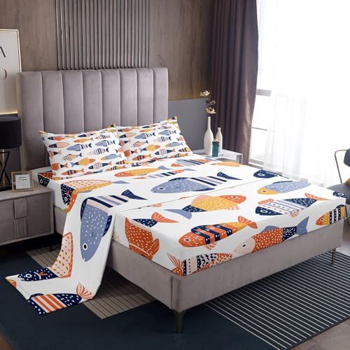 Image of jejeloiu Fish Bed Sheets Set Twin Size Ocean Sea Animal Bed Set for Kids Boys Girls Marine Theme Deep Pocket Fitted Sheet Marine Theme Breathable Soft Lightweight Microfiber