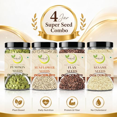 Image of Nutri Hut Seeds Combo Pack of 4 - Flax, Sesame, Pumpkin & Sunflower Seeds | 200g Each | Raw & Natural | Rich in Omega-3, Protein & Fiber | Ideal for Snacking, Salads & Healthy Recipes (200g x 4)