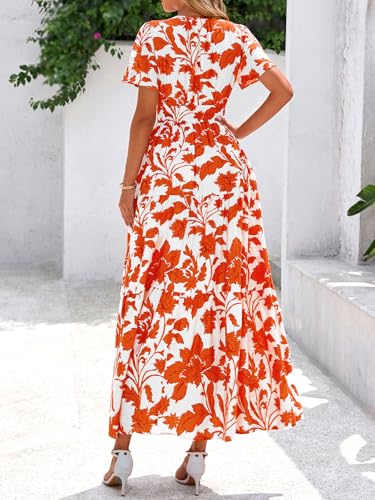 BTFBM Summer Dresses for Women 2025 Floral Casual Short Sleeve V Neck Elastic Waist Maxi Wedding Guest Dress Pockets3