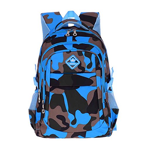 FYGOOD Sac à Dos Cartable Scolaire Camouflage Imperméable pour Enfant Bleu Clair Grand/45x30x20CM