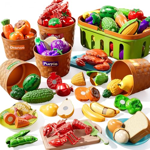 NIPLOOOW Play Food Set for Kids Toddler Learning Toys Cutting Food Toy Color Sorting Set Pretend Food Play Kitchen Accessories for Kids Birthday Gifts for 3-8 Years old Boys Girls Educational Toys