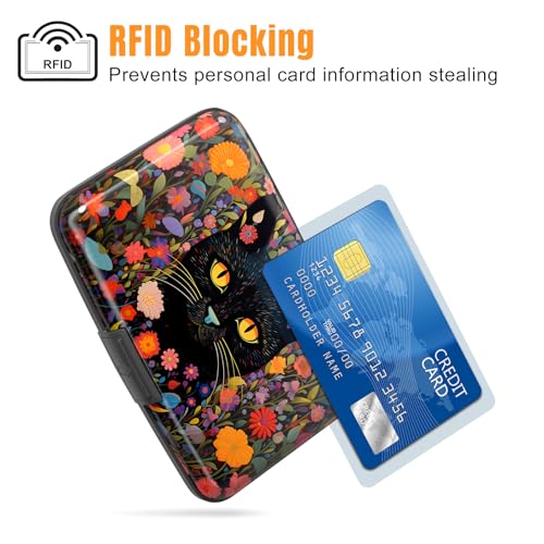 Image of Rimilak Aluminuml Credit Card Holder, Mini Credit Card Wallet RFID Blocking Slim Metal Hard Case for Women Men, Flowers Cat