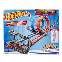HOT WHEELS Zweispurige Looping Rennstrecke, gerade Trackteile, große Loopings und 2 Spielzeugfahrzeuge im Maßstab 1:64 für Kinder von 5 bis 10 Jahren, GFH85