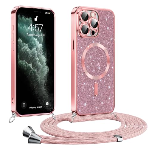 Phoona handyband Hülle für iPhone 11 Pro Max mit Band Glitzer Handyhülle Kompatibel mit MagSafe Ganzkörperschutz Kratzfeste Stossfest Schutzhülle mit Einstellbar Kette Rosa