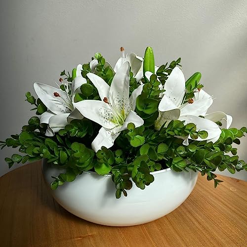 Arranjo Grande Centro de Mesa Lírio Branco Artificial Vaso Branco