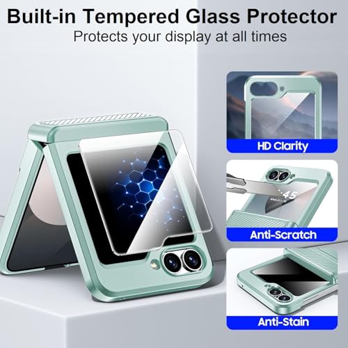 Image of Midkart Card Holder Case Compatible with Samsung Galaxy Z Flip 6 / Z Flip 7 FE with Hinge Protection Built-in Screen Protection Armor Cover Shockproof, Green