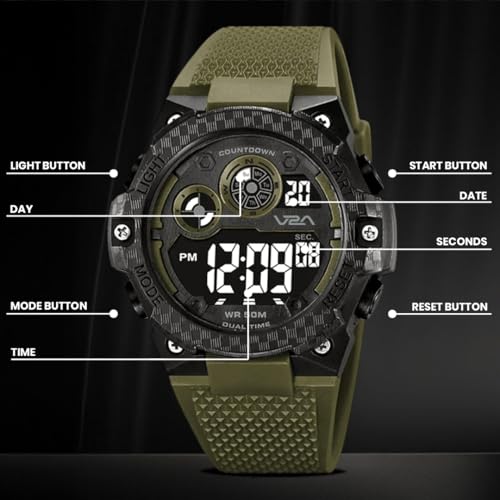 Image of V2A DIGITRON-VOLTRIX 2837 Digital Watch for Men | Bold Patterned Case Design | Dual Time Sports Watch with Countdown, Backlight & 50M Waterproof