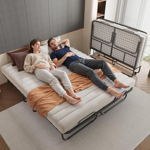 IMBSRBED Folding Bed with 13CM Memory Mattress 79x59 Queen Size Double Portable Bed for Adults Roll Away Foldable Beds on Wheels Hideaway Save Space