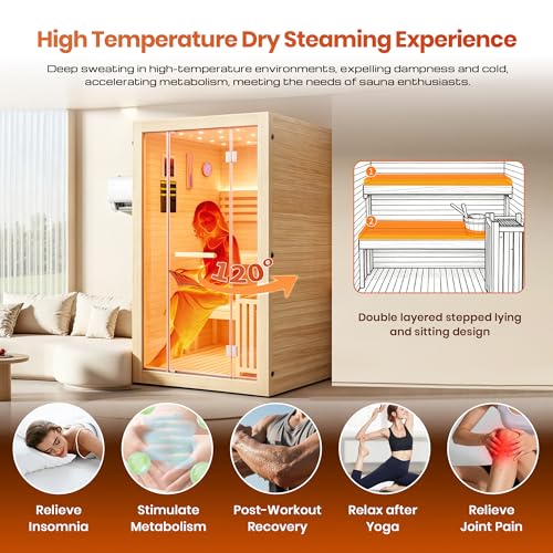 Image of OUTEXER Steam Sauna Traditional Saunas Home Spa Room for 2-3 Person Wet Indoor Saunas 7 Color LED Lights with 240V 3KW Heater, Sauna Stone, Wooden Bucket, Spoon, Thermometer, Hourglass, Cup Holder