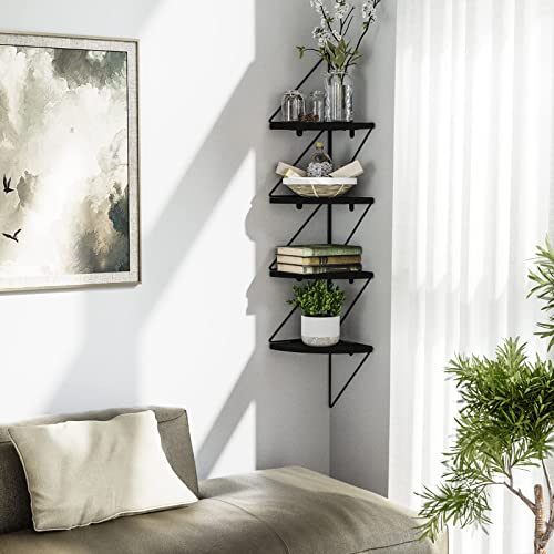 Szqinji Corner Shelf Wall Mount 4-Tier Rustic Wood Floating Shelves Wall Shelves For Bedroom Living Room Bathroom Kitchen Office Vintage Black #TOP4