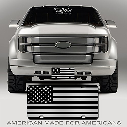 Jass Graphix Not Made In China American Flag License Plate Matte Black On 1/8" Brushed Aluminum Composite Heavy Duty Tactical Patriot Usa Car Tag (Black On Brushed) #TOP1