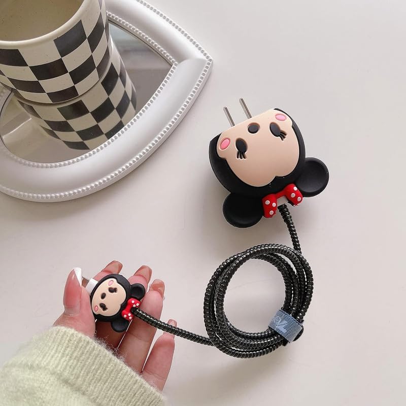 Image of Meyaar Silicone Protective Case for Apple 20W & 18W iPhone USB-C Power Adapter Charger and for USB Lightning Cable, 3D Cartoon Case for iPhone Charger 18W /20W Only (Minnie (Black))