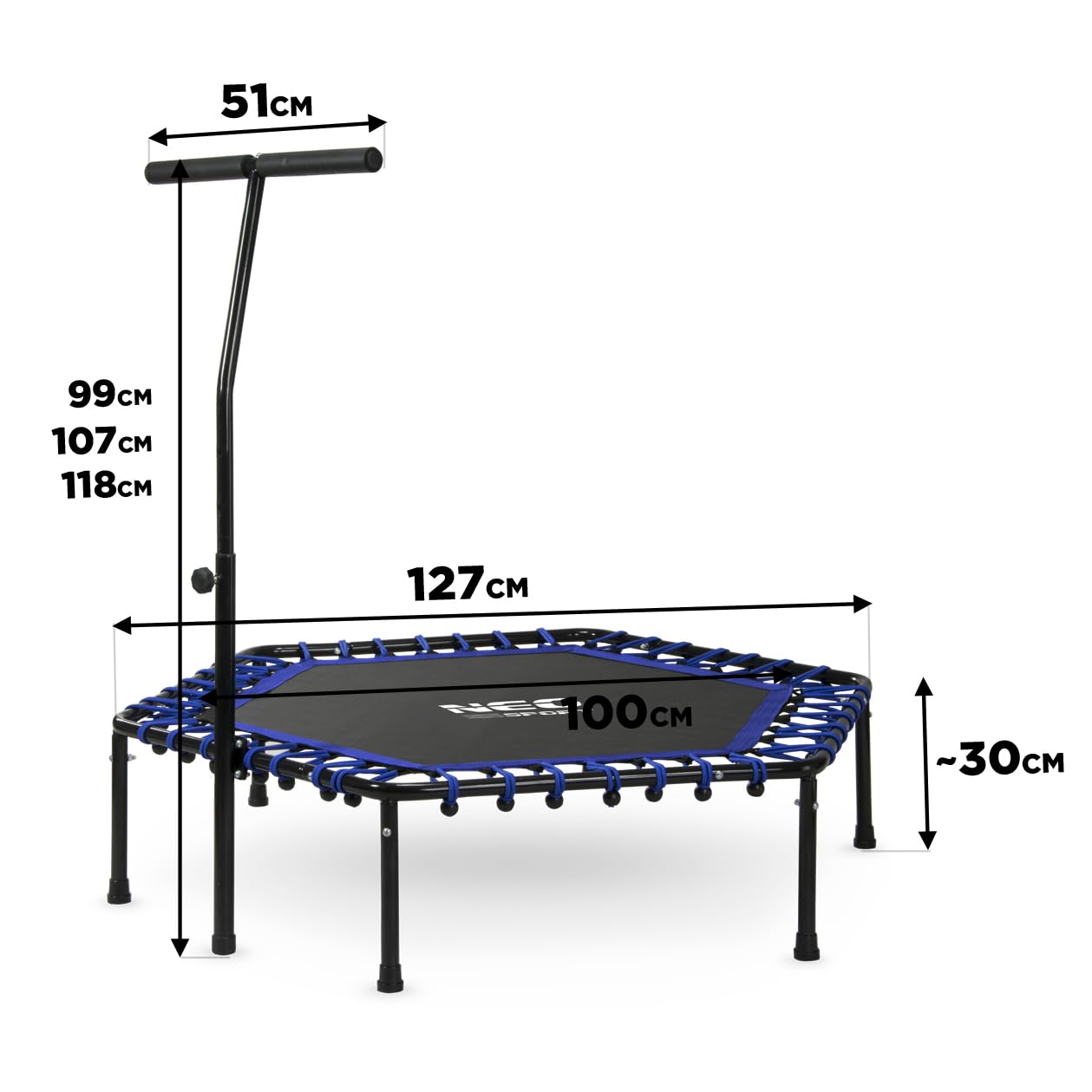 Neo-Sport Trampolino per adulti con manico regolabile in altezza, diametro 127 cm, fino a 100 kg, per interni ed esterni
