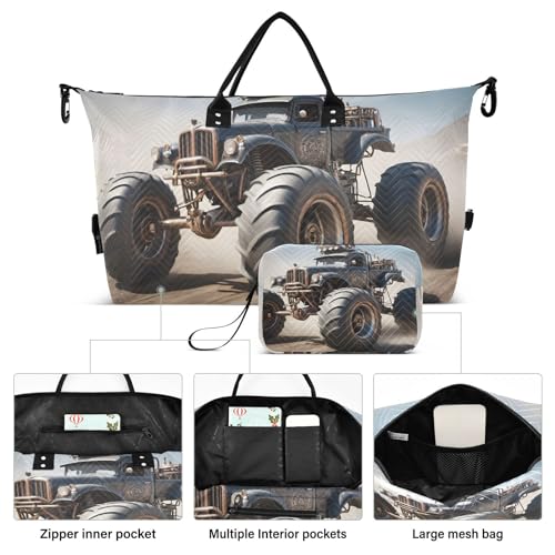 Large Travel Duffel Bag, Punk Monster Truck Sports Tote Gym Bag, Shoulder Weekender Overnight Bag for Women Men, Carry On Luggage with Toiletry Bags2