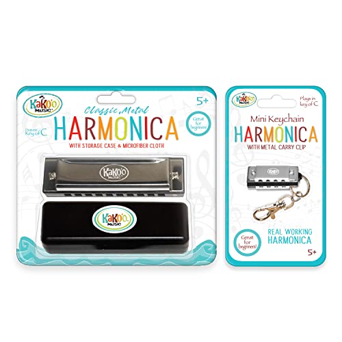 KaKo'o Music 2-Piece Stainless Steel Harmonica Set - Classic Silver Standard & Travel Size Beginner Wind Instruments for Kids or Adults-Key of C- Easter Baskets, Loot Bags, Stocking Stuffers Ages 5+