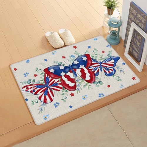 Watercolor Eucalyptus Antifatigue Kitchen Bath Door Mat Cushioned Runner Rug,Washable Welcome Floor Sink Mat,Waterproof & Non-Slip Standing Doormat for Kitchen,Blue Flowers Star Stripes Flag 18