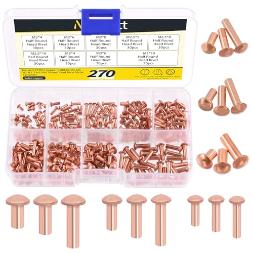 Mardatt 270Pcs Round Head Copper Solid Rivets Kit, M2 M2.5 M3 Solid Copper Rivets Fasteners, Round Head Rivets Solid Copper Rivets for Electrical Applications, Leather Working Supplies