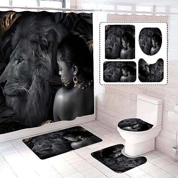 hipaopao African Women and Lion Grey Shower Curtain Set with Non-Slip Rugs and Toilet Lid Cover Wildlife Safari Theme Fabric Shower Curtain Bathroom Decor with Hooks Waterproof Washable 72