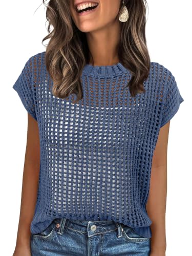 Image of ANRABESS Short Sleeve Sweater for Women Summer Crochet Knit Tops