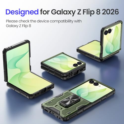 Image of VEGO Case for Samsung Galaxy Z Flip 8 Built-in Screen Protector & Stand | Military-Grade Shockproof Hinge Protection Anti-Scratch Anti-Drop Protective Phone Case for Galaxy Flip 8 2026, Green