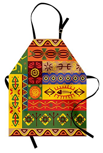 Ambesonne African Apron, Abstract West Folk Art Forms Unique Lines Print, Unisex Kitchen Bib With Adjustable Neck For Cooking Gardening, Adult Size, Orange Yellow #TOP16