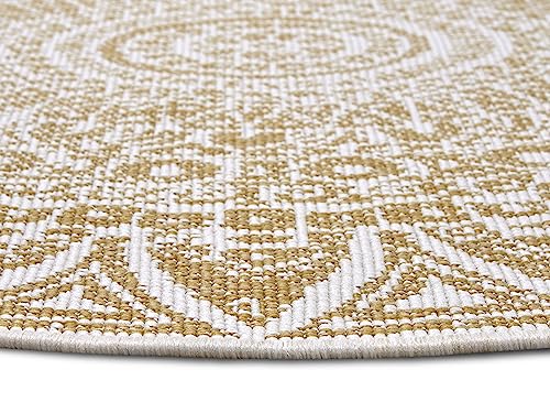 Freundin Home Collection Lilja In- & Outdoor Wendeteppich - Rund, Flachgewebe, Boho-Design, ÖKO-TEX, Wetterfest & UV-beständig für Balkon, Terrasse, Garten - Ocker, ø 140cm