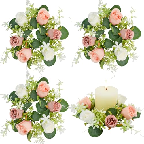 Bacucine Small Candle Rings Wreaths 4Pcs Pink Rose Artificial Flowers Mini Christmas Wreath for Wedding Kitchen Table Home Decor (Pink)