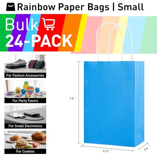 SUNCOLOR Rainbow Gift Bags with Tissue Paper, 24 Pack Small Paper Party Bags, 7.9 x 5.12 x 3.15 Inches, 6 Colors with Handles for Birthday Celebrations, Kids Parties - Thumbnail 2