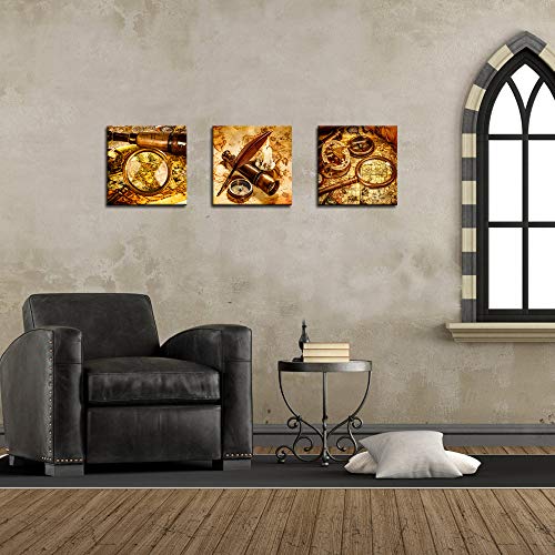 Biuteawal - Vintage Canvas Wall Art Retro Old Map Telescope Compass Candle Picture Prints Exploration Themed Painting Artwork For Home Study Room Office Decoration Framed Ready To Hang #TOP3