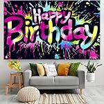 Neon Happy Birthday Banner Backdrop Neon Party Decorations Glow In The Dark Photography Background Graffiti Splash Paint Kids Supplies 71 * 43inch (71X43IN) - Image 3