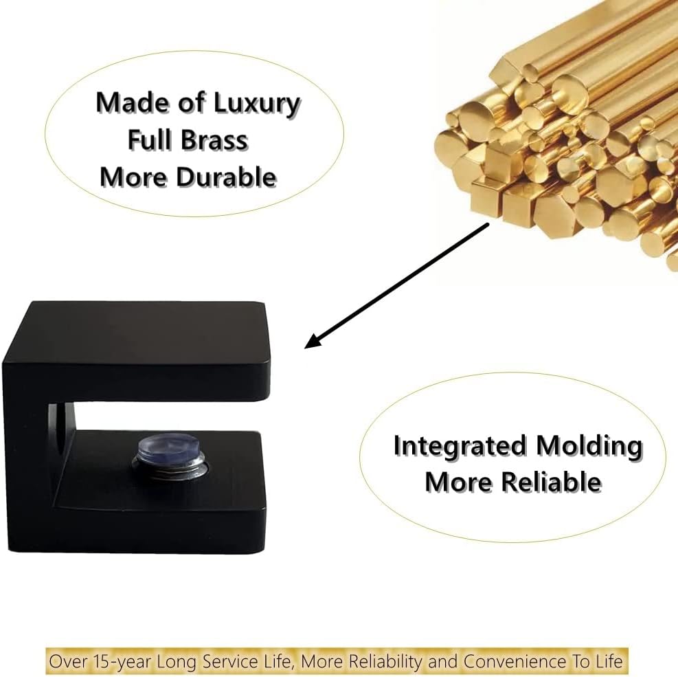 LukLoy Brass Glass Clamp, No-Drill-on-Glass Holder, Shelf Bracket, Clip Support for 8mm - 10mm Glass (4, Matte Black)