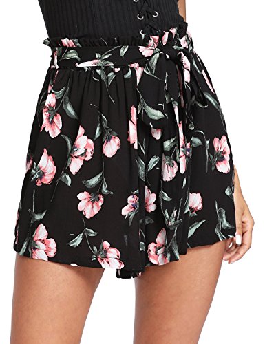 Floerns Women's Tie Bow Floral Print Summer Beach Elastic Shorts Black M
