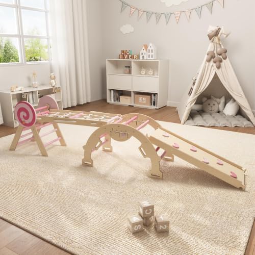 Hipicute Triangle Set with Ramp Arch and Ladder, 4-in-1 Wooden Toddler Climbing Toys Indoor, Climbing Set, Playground Jungle Gyms for Toddlers 1-5 Year Old