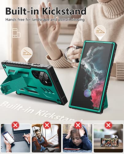 Fntcase For Samsung Galaxy S22 Ultra Case: Built-In Screen Protector & Kickstand & Belt-Clip Holster, Extra Front Frame Full-Body Dual Layer Rugged Shockproof Protective Phone Cover-Bean Green #TOP5